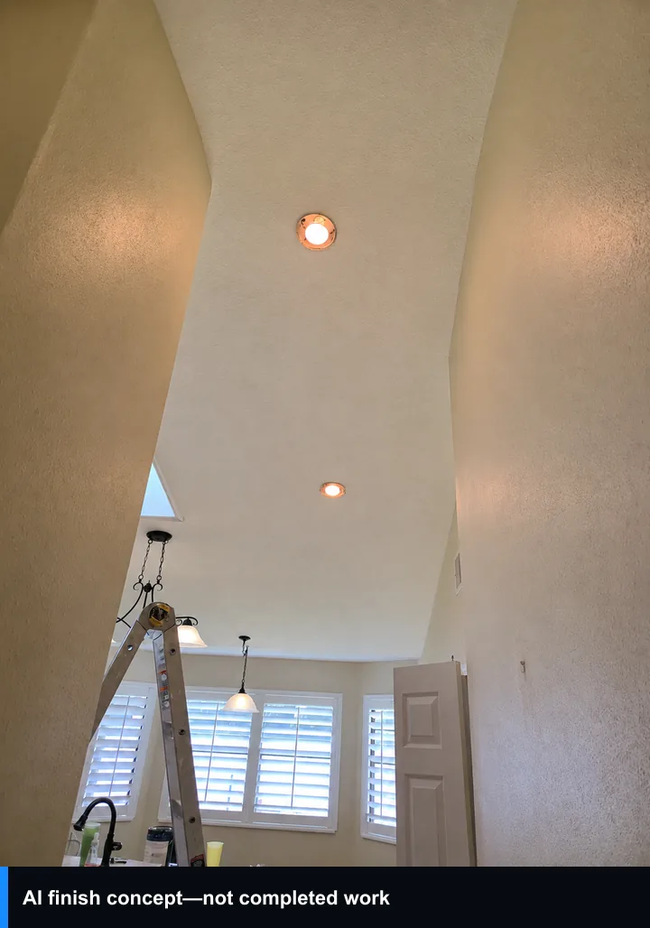 AI illustration of more even ceiling and wall paint in the original hall, with the ladder and open door retained; not completed Superior work.