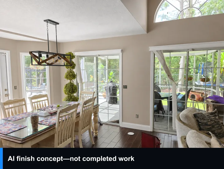 AI illustration of more even warm-neutral wall and white trim paint in the original dining room; not completed Superior work.